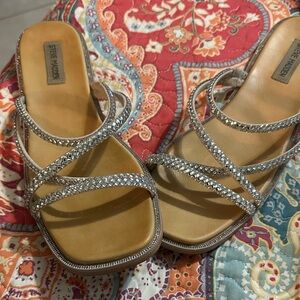 Steve Madden Silver Rhinestone Strappy Slide Mules